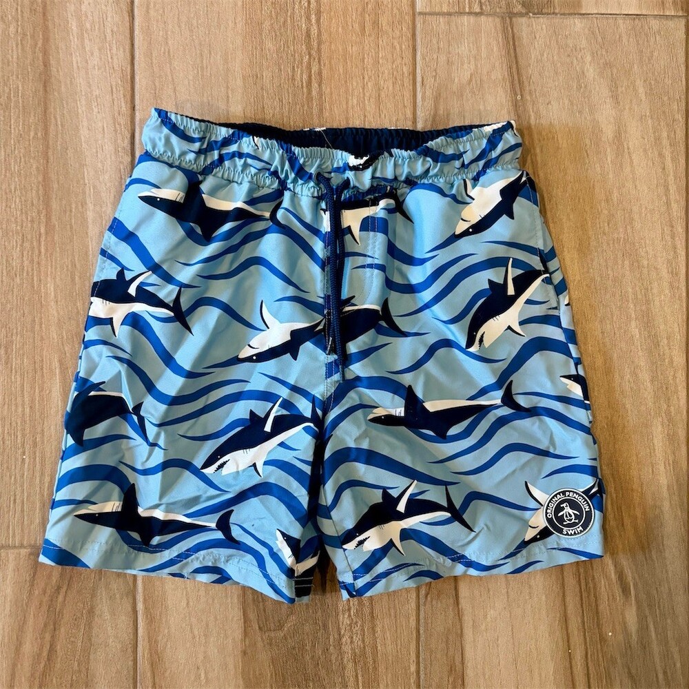 Original Penguin Boys Swim Trunks Size 8 Blue Shark & Wave Print Mesh